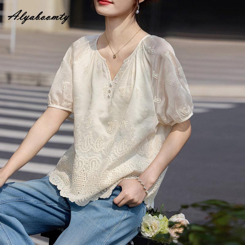 Korean Fashion Summer Women Beige Blouse V Neck Embroidery Hollow Out Tencel Shirt Puff Sleeve Office Lady Feminine Lace Blouse