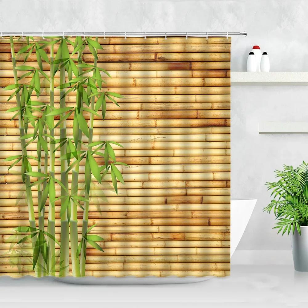 Zen Buddha Green Bamboo Shower Curtain Palm Trees Beach Ocean Flower Plant Nature Landscape Wall Hanging Bathroom Decor Curtains