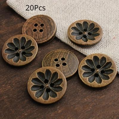 20 szt. 18 mm ciemnobrązowych drewnianych guzików w stylu vintage z misternymi rzeźbieniami - idealne do samodzielnego wykonania koszul, kardiganów, swetrów i marynarek