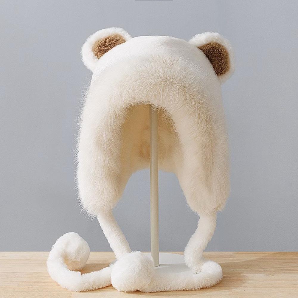 Warm Winter Hat Pompom Fluffy Skull Cap Stylish Bear Ears Hat  for Women