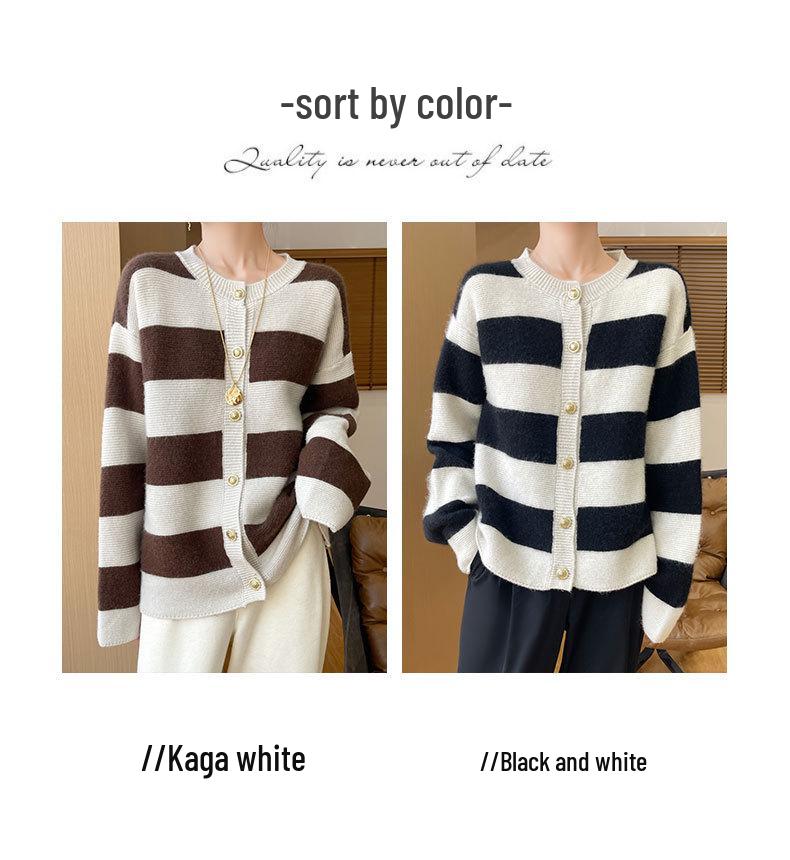 2024 Women's Color Block Pure Wool Knit Cardigan - Casual Round Neck, Loose Fit with Button Closure