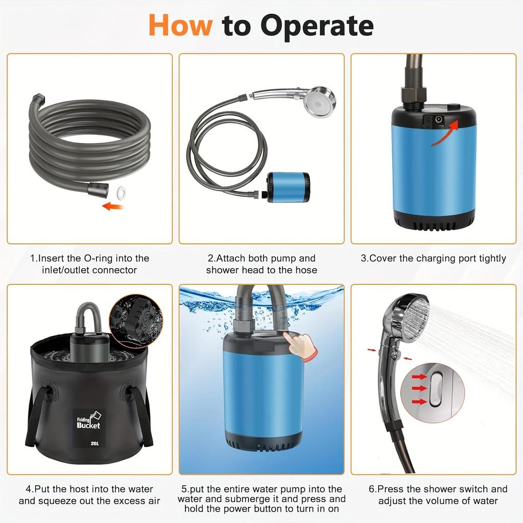 Portable Camping Shower Pump and 20L Portable Water Bucket, 5200mAh Rechargeable Battery, Shower Head with 3 Spray Modes,