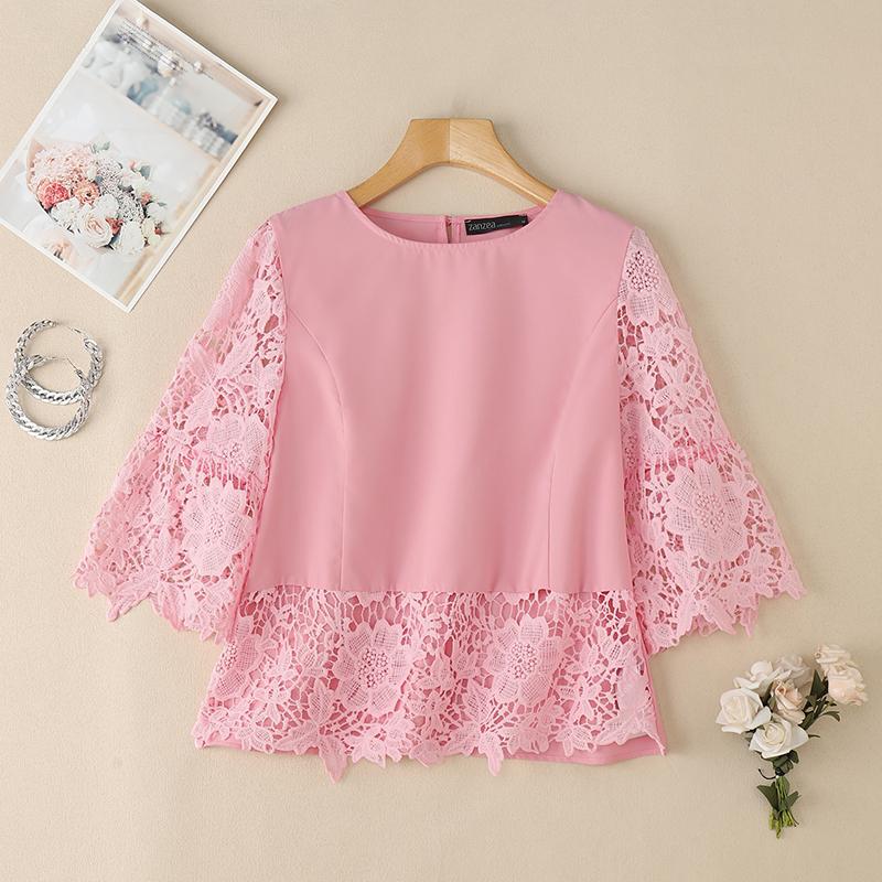 

ZANZEA Женская повседневная блузка с кружевной вставкой крючком, рукав 3/4, свободного кроя 5XL розовый