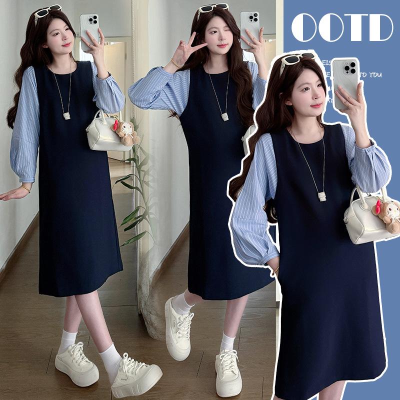 Maternity Wear 2026: Korean Style Striped Patchwork A-line Dress Extra Large