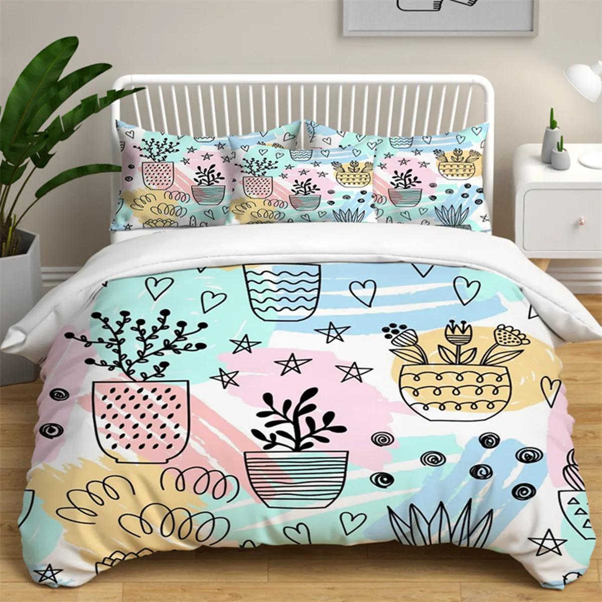 Comforter Cartoon Green Cactus Potted Polyester Green Plant Cute Tropical Plant For Children Boy Girl For Bedroom Decorations Comforter (quilt)-EU Single(135*200cm)3pcs