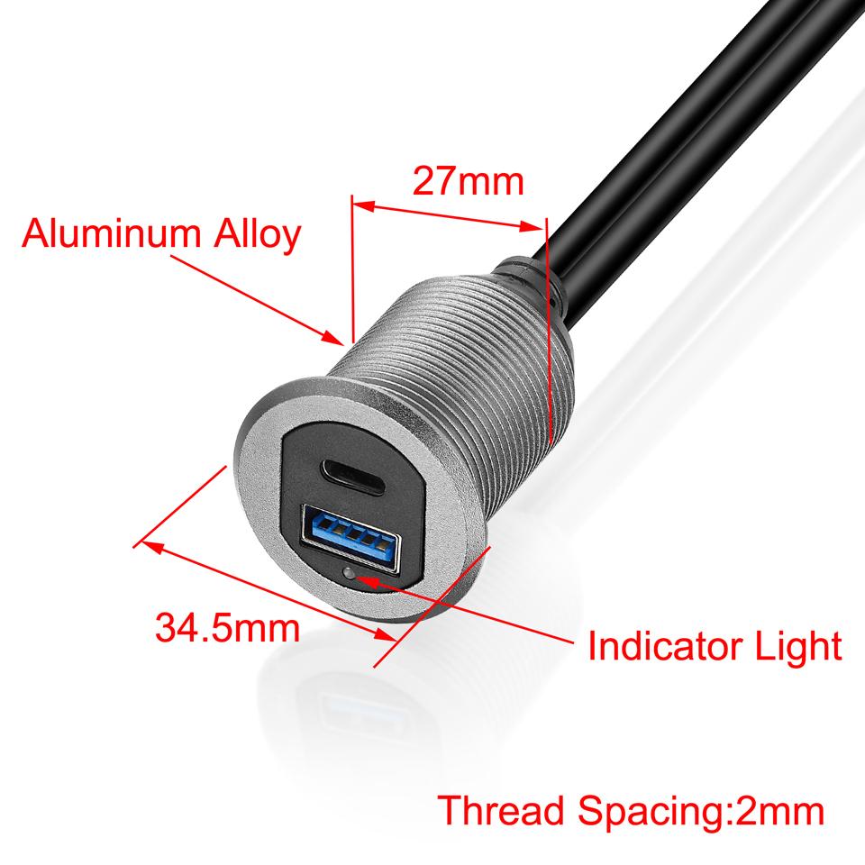 Bochara USB3.0+Type C 3.1 3.0 Male To Female Extension Cable Flush Mount Panel Dashboard Aluminum Alloy With Indicator