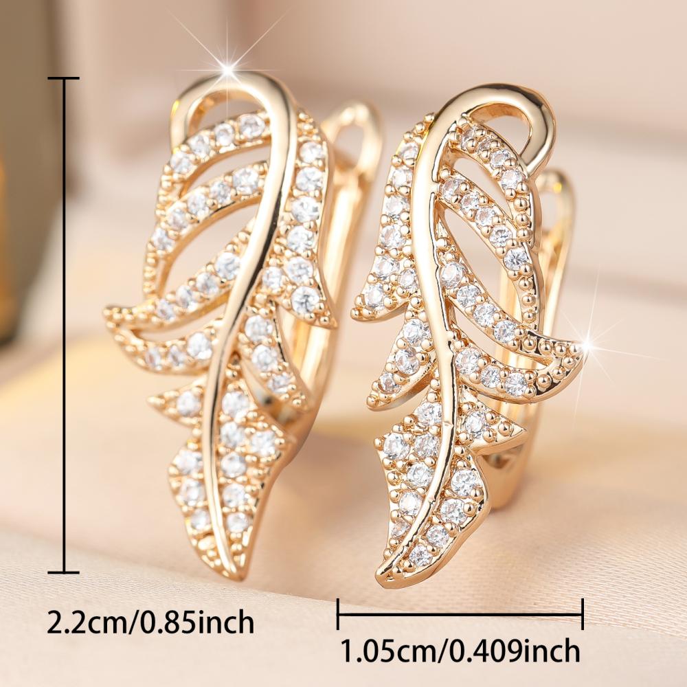 Elegant Gold Color Feather Drop Earrings for Women Clear Zircon Dangle Jewelry Wedding Gift