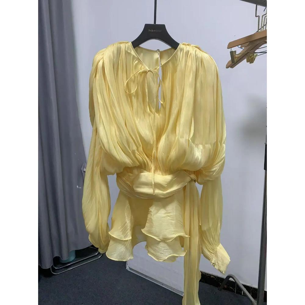 Solide Patchwork Schnürkleider für Damen O-Ausschnitt Langarm Hohe Taille Gespleißte Falten Temperament Kleid Damenmode