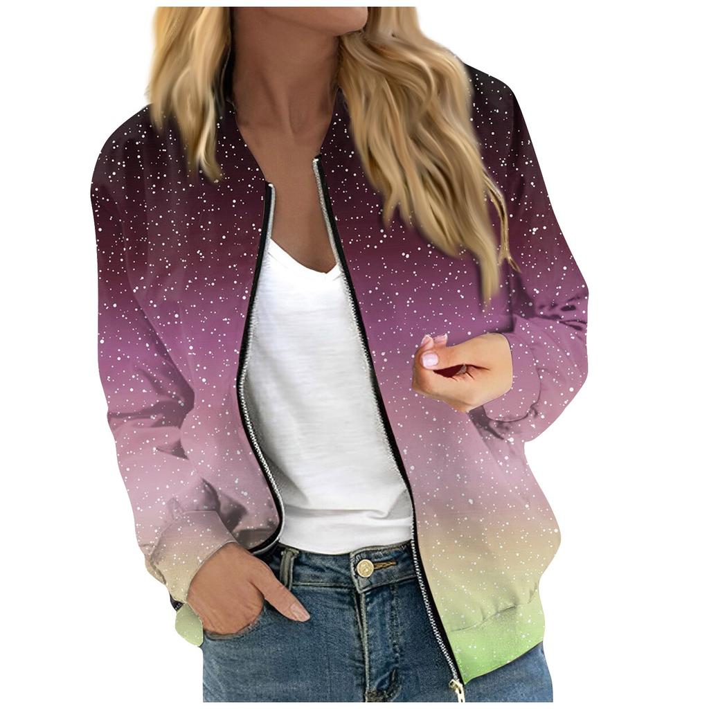 Women's Fashionable Casual Long Sleeve Color/Gradient Print Round Neck Zipper Jacket