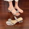 Fashion Rhinestone Slippers Women's 2025 Summer Wear Fashion Fairy Style Toe Slip with Crystal Block Heel Kitten Heel