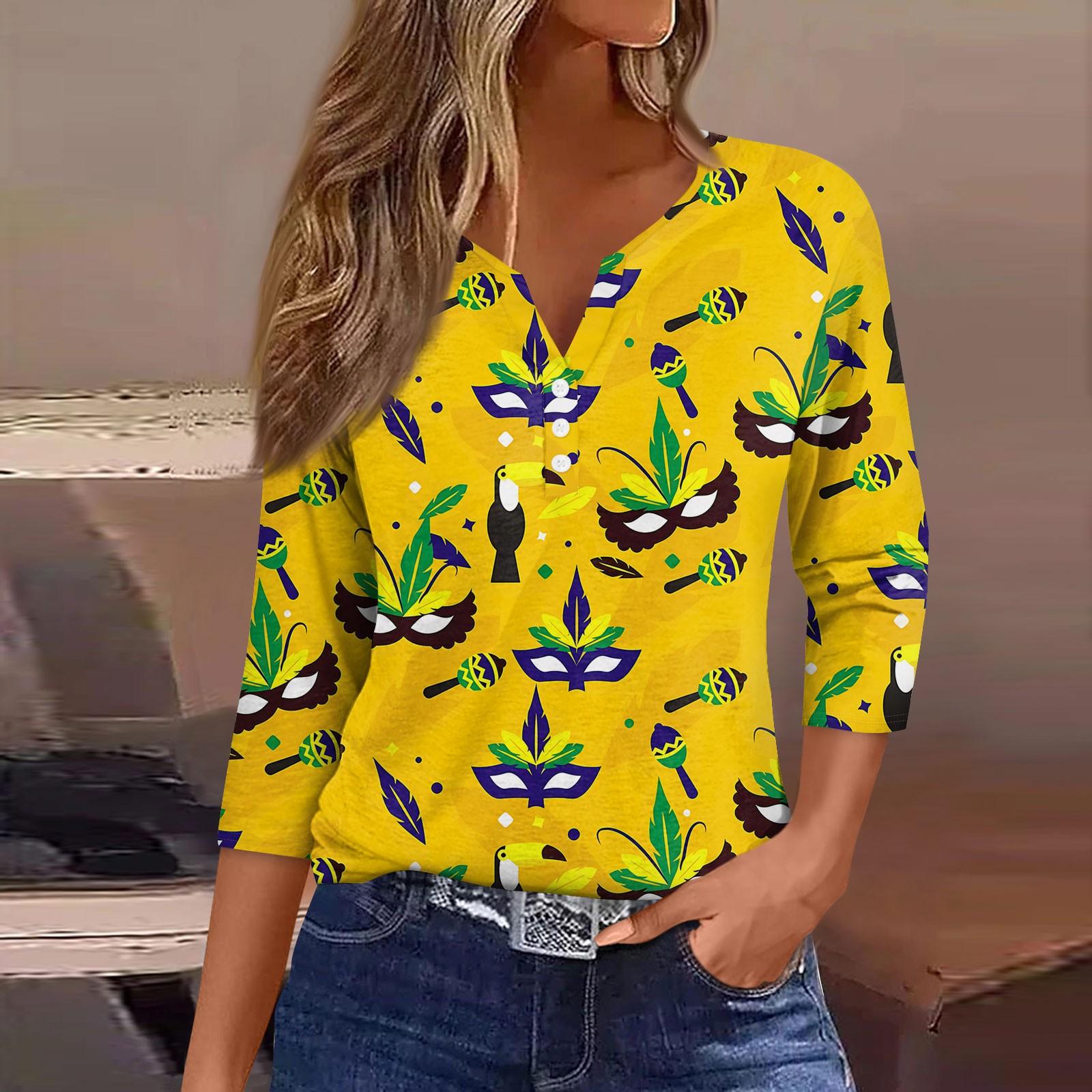 

Женская футболка с принтом карнавальной маски и V-образным вырезом, повседневная, с рукавами 3/4, на пуговицах XL жёлтый