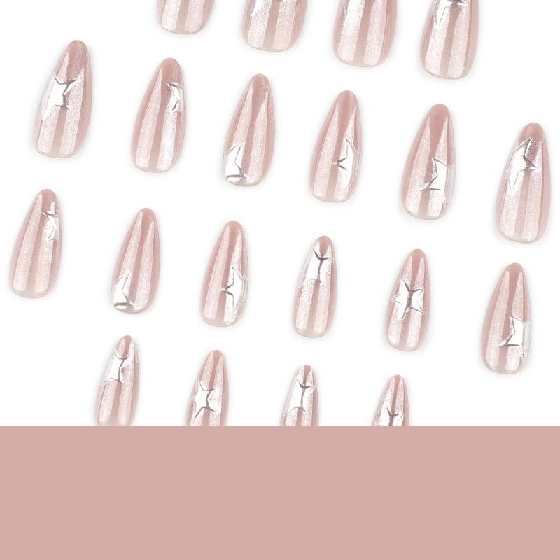 Flash cat's eye short almond nail piece fake nail wholesale 3D three-dimensional silver star nail piece wearing nail