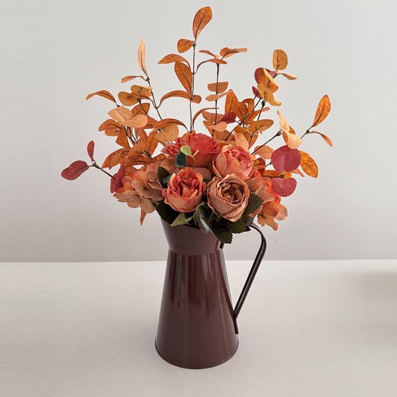 Artificial Rose Flower In Iron Bucket Artificial Leaf Plant Thanksgiving Table Centerpieces Decoration for Weddding