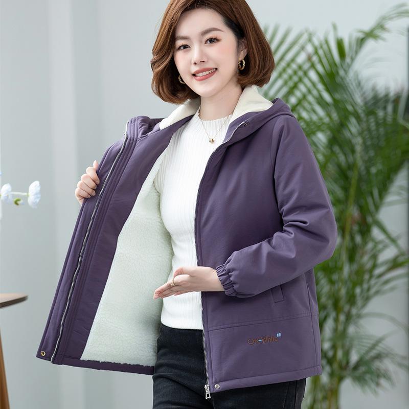 

2025 Осень/Зима Универсальная женская хлопковая куртка на флисовой подкладке - Короткая, толстая и повседневная верхняя одежда для мам среднего возраста XL фиолетовый