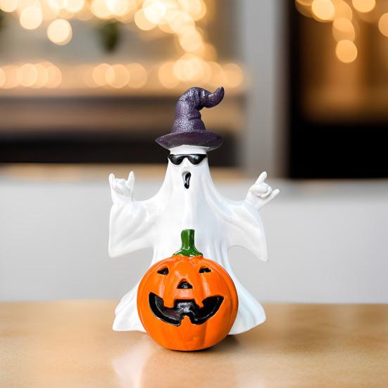 Halloweenská soška ducha a dýně, strašidelný klobouk čaroděje, sluneční brýle, pryskyřičná figurka ducha, socha, sváteční párty, domácí stolní dekorace, ozdoba