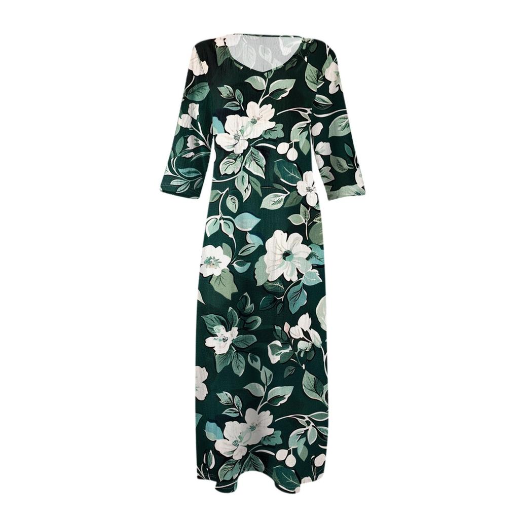 Damska Sukienka Midi z Tuniką w Stylu Vintage z Nadrukiem, Talia, Letnia Casualowa Sukienka z Rękawem 3/4 Sukienka