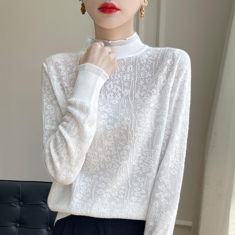 Autumn Winter Half High Collar Lace Crochet Sweet Sweater Women Ruffles Solid Color All-match Bottomed Knitting Top