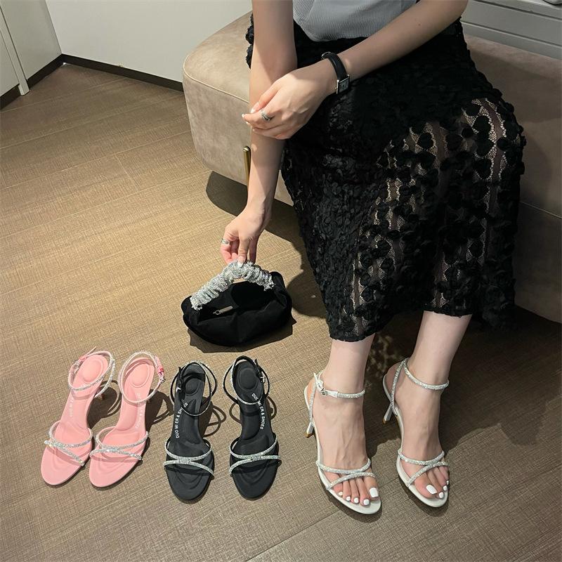

Spring and summer pink high heels women s stilettos sexy open-toe one-word buckle with rhinestones letter sandals women s shoes 39 розовый