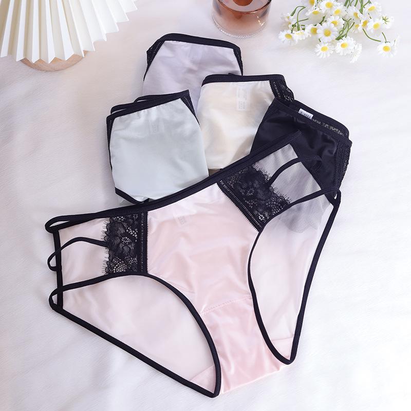 Sexy Damen-Slip aus Satin mit Spitze – atmungsaktiv, bequem, nahtlos, dünn, mit Schritt aus reiner Baumwolle