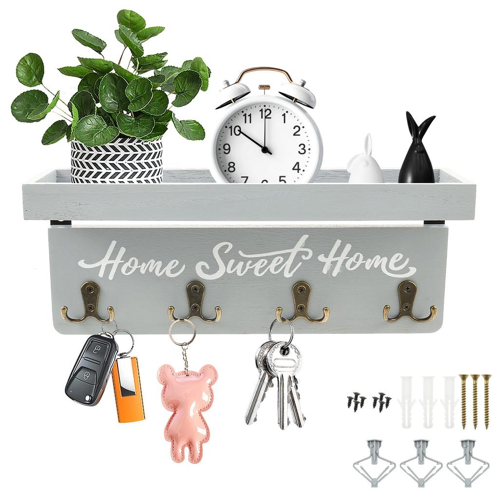 Wand-Schlüsselhalter mit Holzschale und 8 Haken Schlüsselbretter Wandmontierte Schlüsselaufhänger Holz-Briefablage Organizer mit Fach Rustikales Wohnaccessoire für den Eingangsbereich