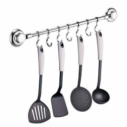 MaxHold Kitchen Tool Hooks, Towel Rack, Stainless Steel, Super Strong Suction Cups, 7 Movable Hooks, Bathroom & Kitchen Storagec