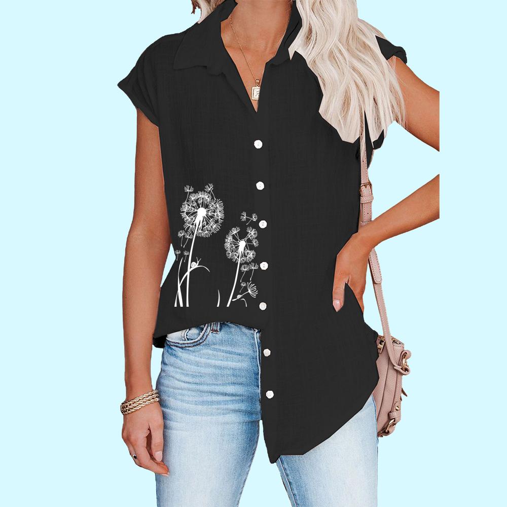 Women Fashion Sleeveless Shirt Spring/Summer Casual Print Top Ladies Thin Button-down Blouse
