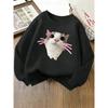Cute Cat Face Decor Girls' Fashionable Crewneck Sweatshirt, Autumn and Winter Western Style Top, Children's Long Sleeved T-shirt,