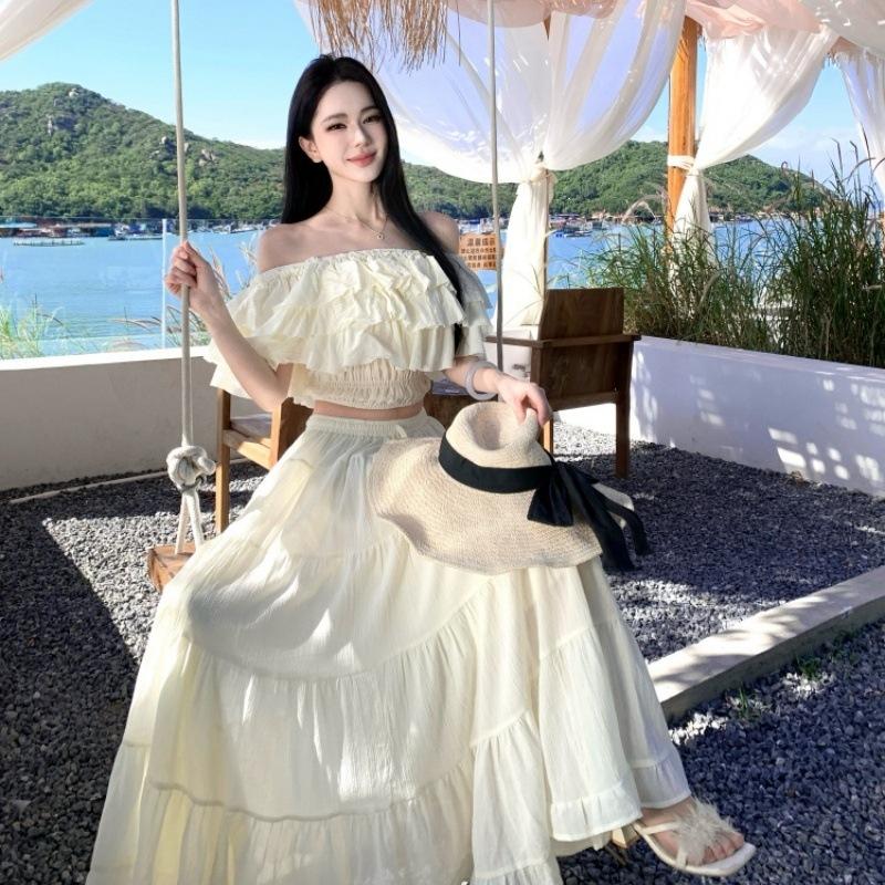 Bali Thailand travel vacation photo French one-word collar rough edge design top + large swing skirt two-piece set