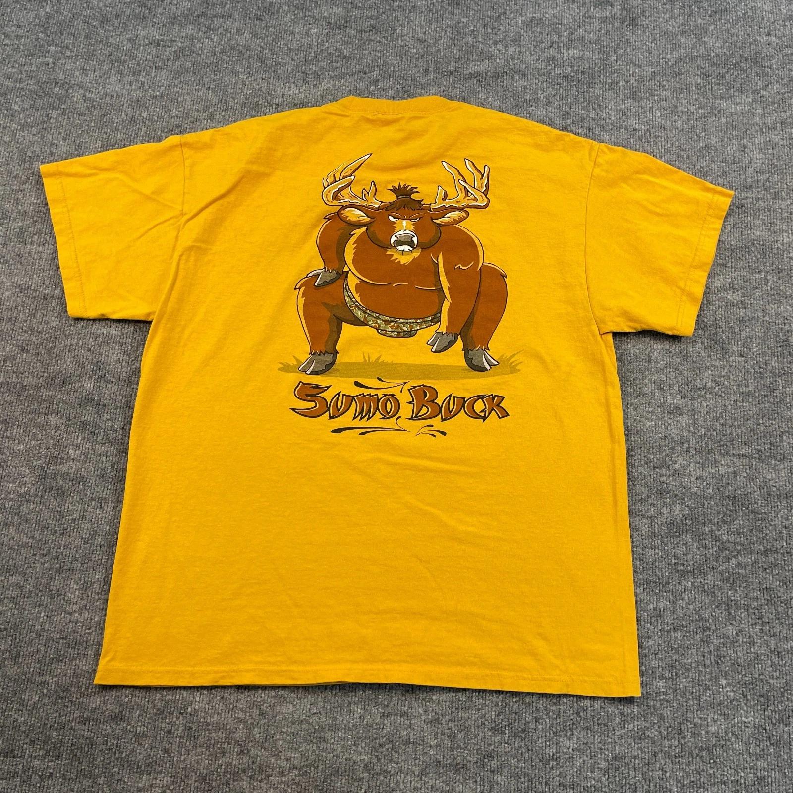 

Vintage 90s Funny Hunting Sumo Buck Deer Shirt Large 22x26 Yellow XL