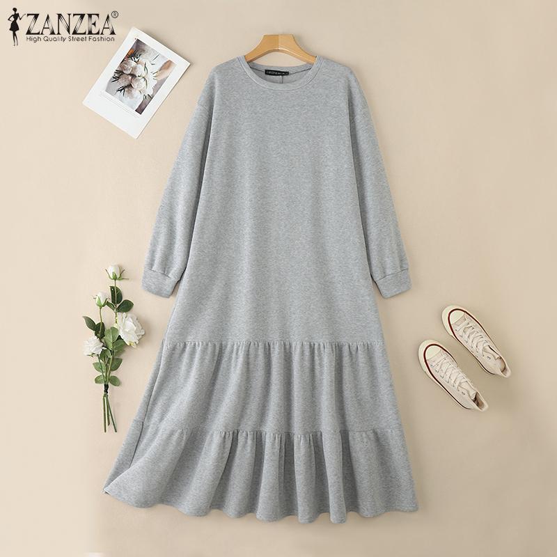 ZANZEA Kvinner Casual Rund Hals Løs Langermet Høst Vinter Lang Kjole