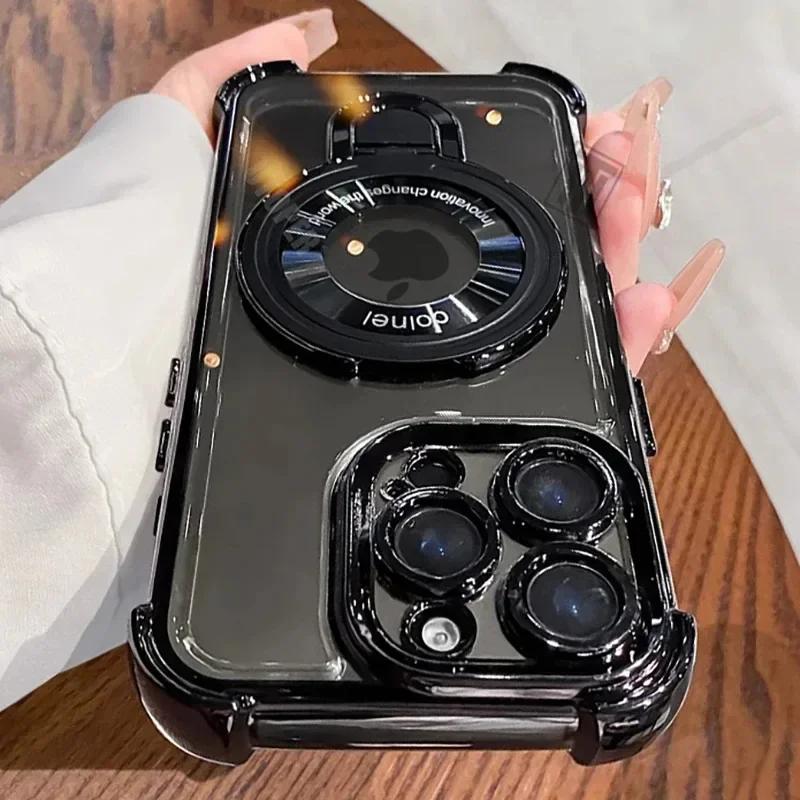 Shockproof Plating Soft TPU Bracket Phone Case for IPhone 17 Air 16 15 14 13 11 12 Pro Max Plus Magsafe Magnetic Protect Cover