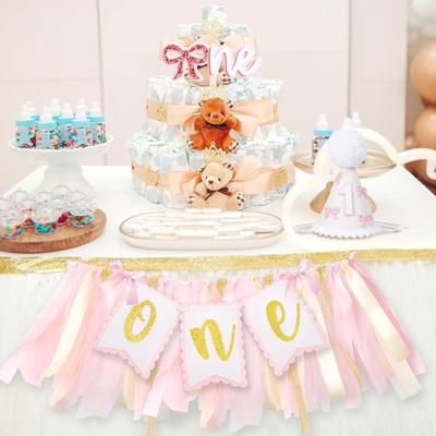 Décorations d'anniversaire 1 an Noeud rose Chapeau de fête 1er anniversaire Bannière pour chaise haute 1er anniversaire Décoration de gâteau 1er anniversaire 1er anniversaire
