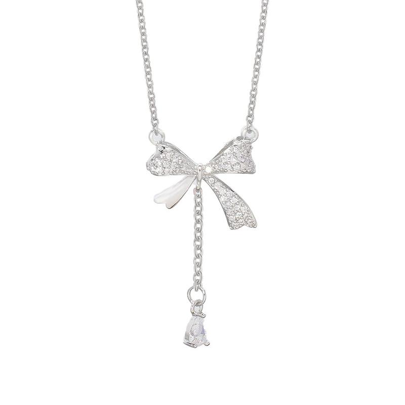 Mylove Women s Silver Stainless Steel Tassel Necklace with Butterfly Knot and Zircon Trendy Link Chain for Gift 18inches&Butterfly Knot Pendant