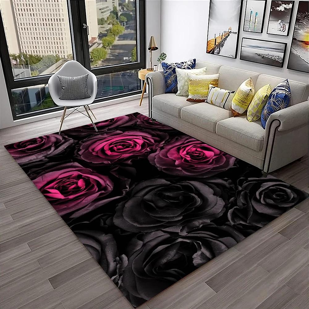 Romantic Rose Flower Carpet Home Living Room Area Rug Bedroom Doormat Non-slip Foldable Washable Floor Mat For Entryway Hallway