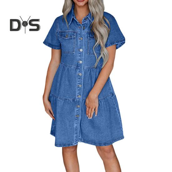 

Женское платье-футляр А-силуэта в стиле пэчворк с карманами на груди, однобортное платье миди, однотонное летнее платье с отложным воротником, молодежный стиль S синий