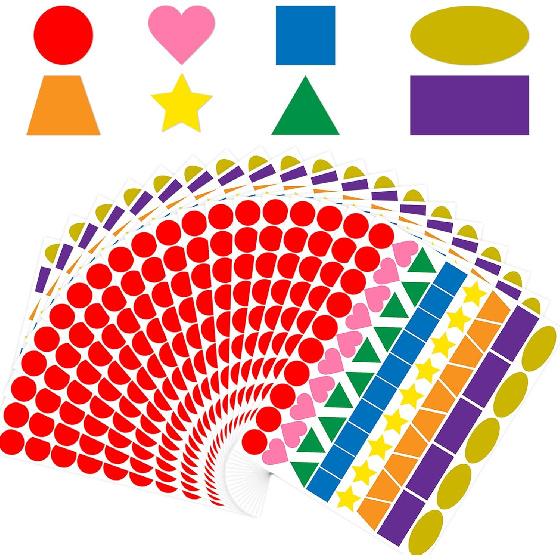 2100 PCS Assorted Shaped Color Coding Stickers for Kids, 7 Colors 7 Shapes Color Coding Labels Stickers Dots for Crafts Kids Students School