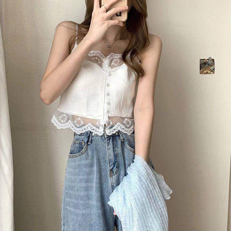 White Lace Knit Camisole Vest for Women Perfect for Outerwear and Innerwear with A Base and Short Strapless Top
