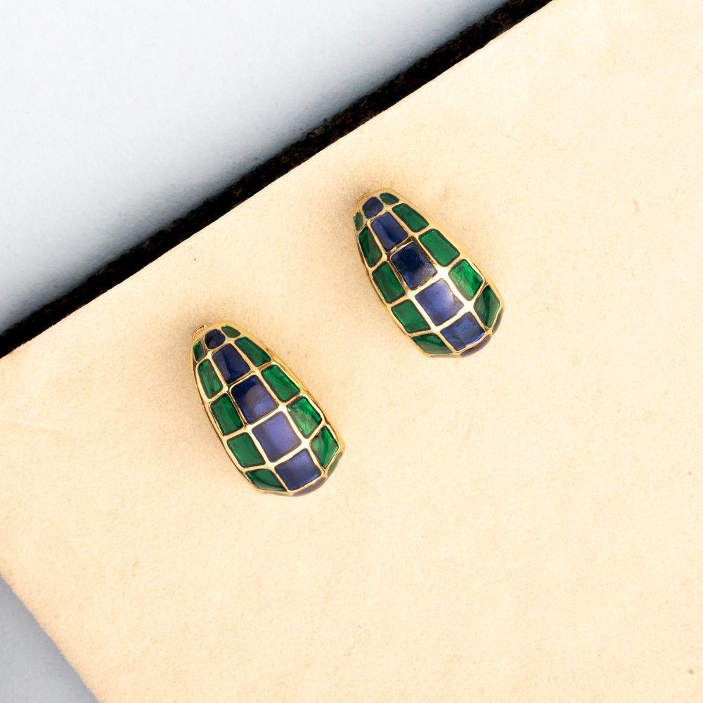 Gold Plated Stud Earrings with Blue and Green Enamel