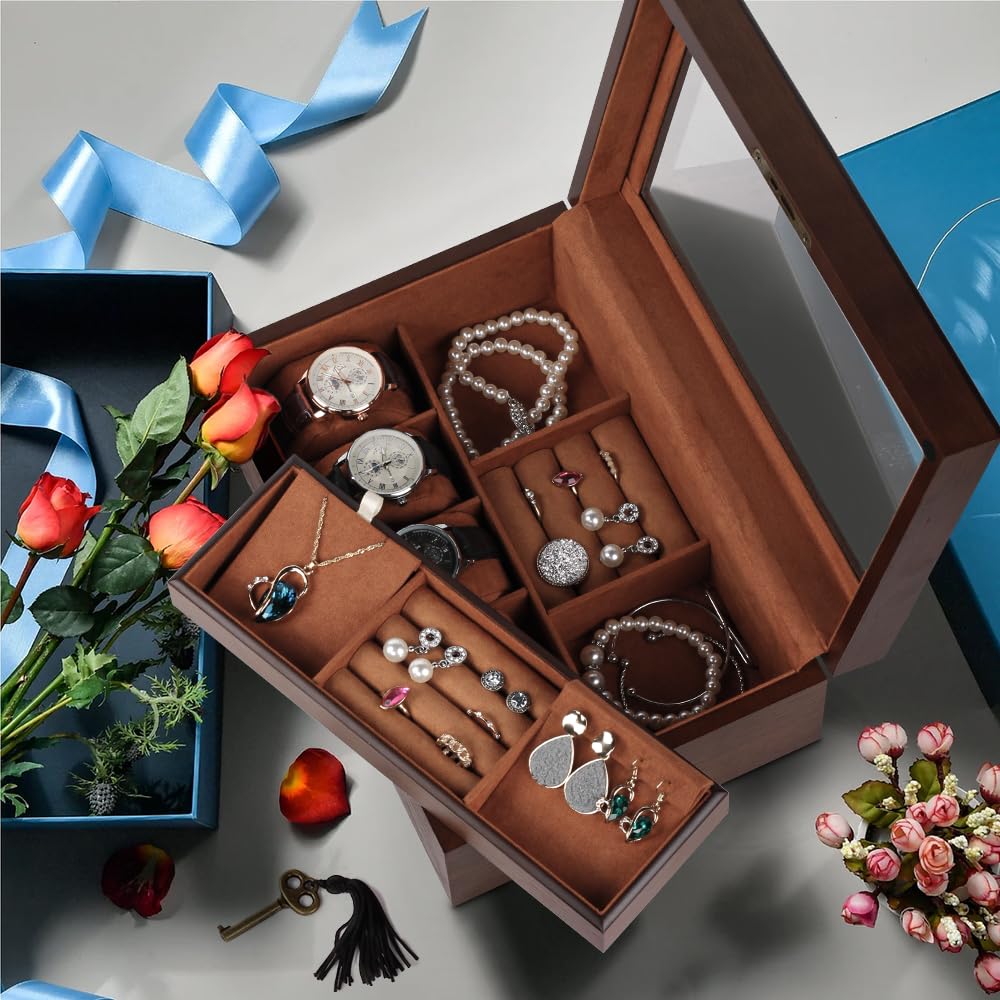 

Baskiss Luxury 2-Tier Wooden Watch and Jewelry Storage Box, Watch Case with Lock and Key, Holds 5 Watches, 2 Tiers for Accessories (Earrings, Rings,