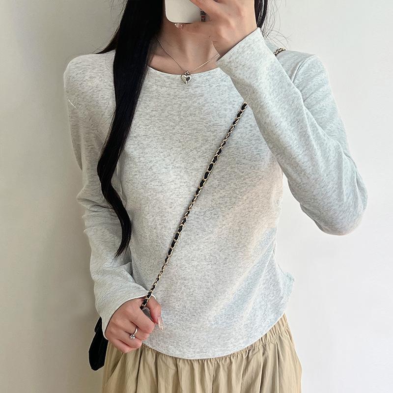 2 Cotton Wrinkled Bottoming Shirt Women's Autumn and Winter New Inner Slim-fitting Long-sleeved Top Crew Neck Front Shoulder Shirt