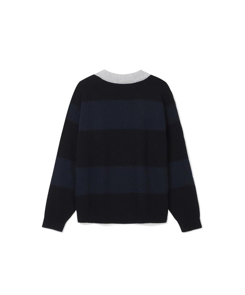 NOTIG Wool Blend Boucle Thierry Stripe Sweater Navy_Oka3Swtl102N1