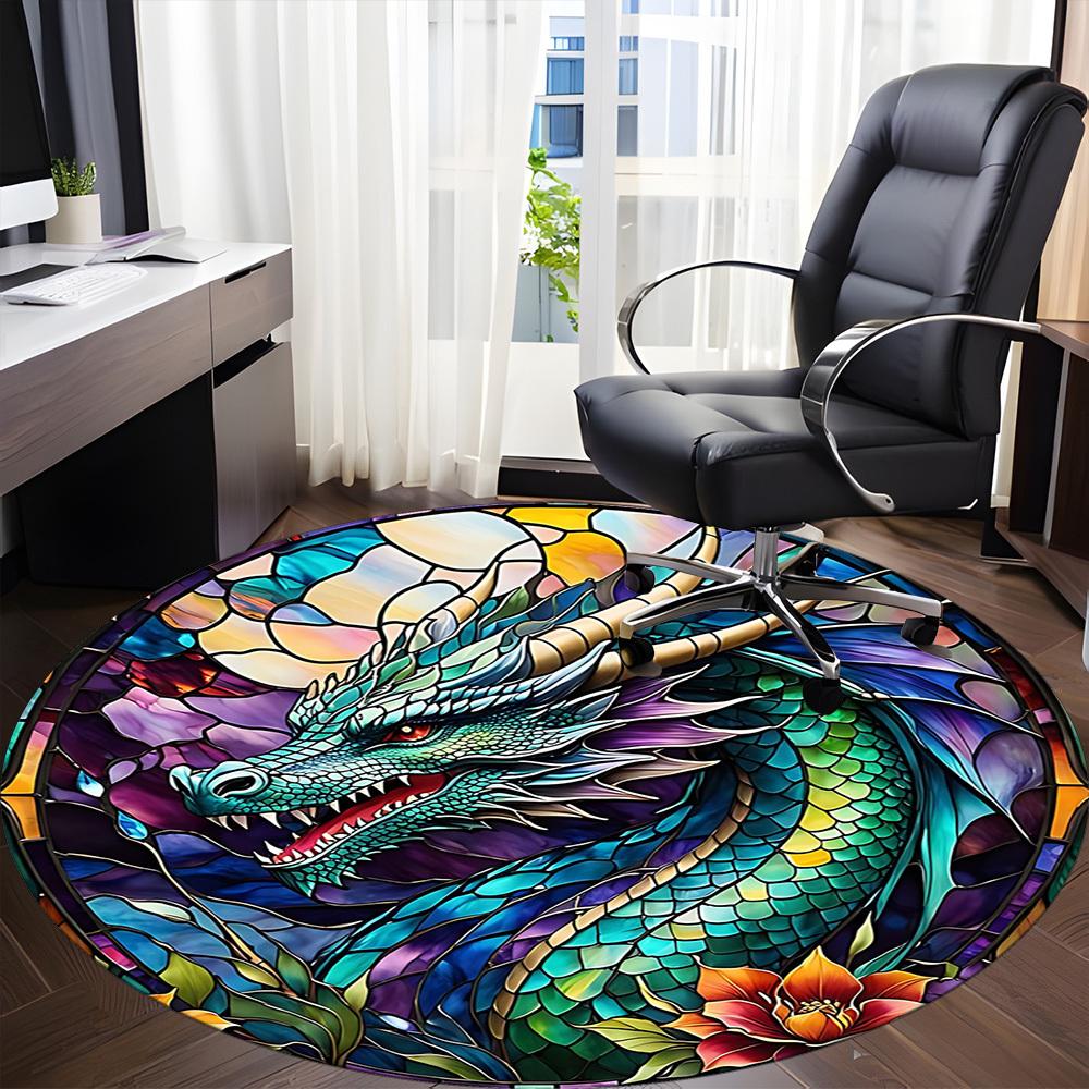 1pc Dragon StainedGlass Office Round Area Rug, Under Office Chairs Bedroom Living Room Home Decor, Room Deco
