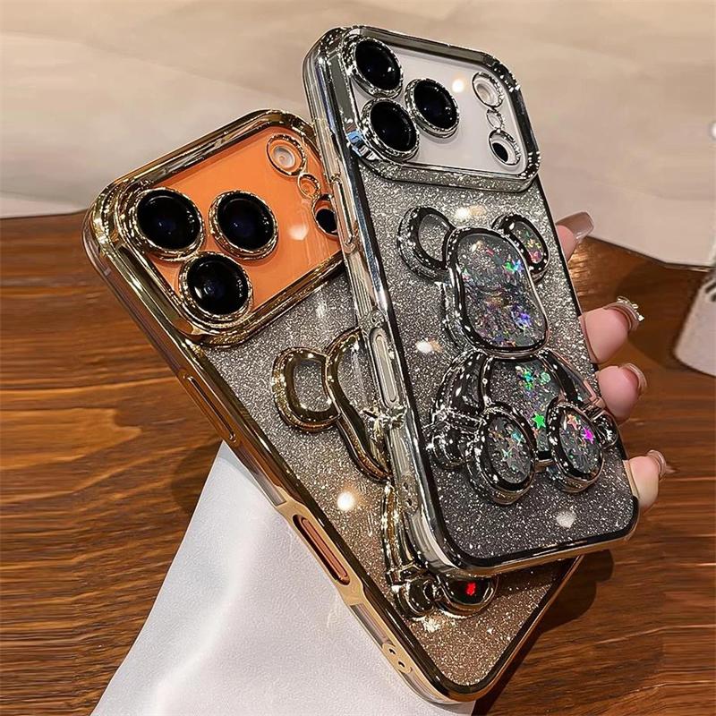 Niedliche Vergoldung Treibsand Bärenhülle für iPhone 17 16 15 14 13 12 11 Pro Max Plus Air Luxus Glitzer Bling Kameraschutzhülle