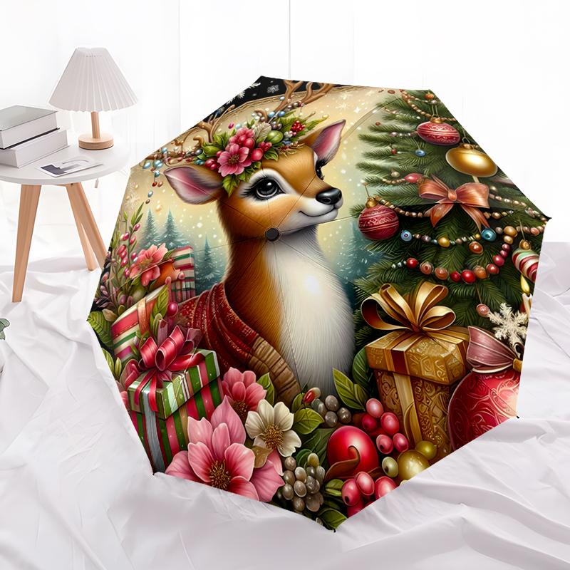 Christmas Reindeer Folding Umbrella-Fashionable Auto-Open Design 8 Iron Ribs Plastic Handle Foldable Sunshade,Perfect Gifts