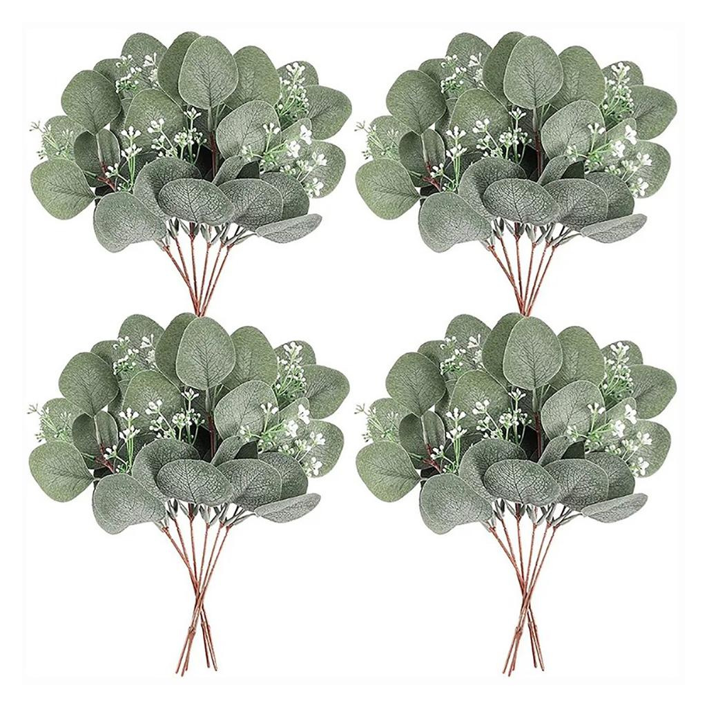 24Pcs Artificial Eucalyptus Stem Branches Round Eucalyptus Leaf with White Flower Decor Artificial Wedding Decor Plant