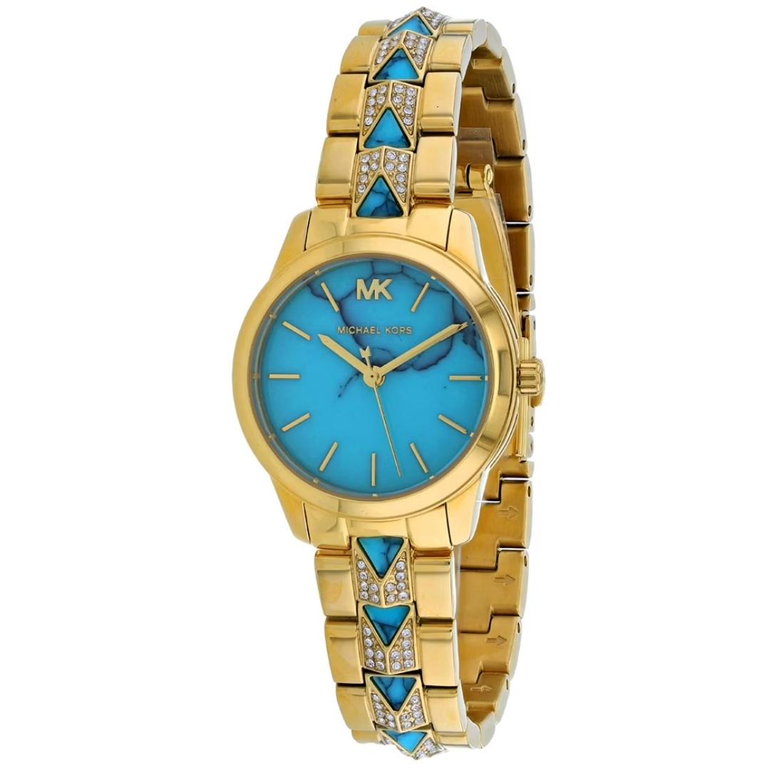 Женские часы Michael Kors Petite Runway Mercer с паве, золотистого тона и бирюзовым циферблатом MK6673 синий
