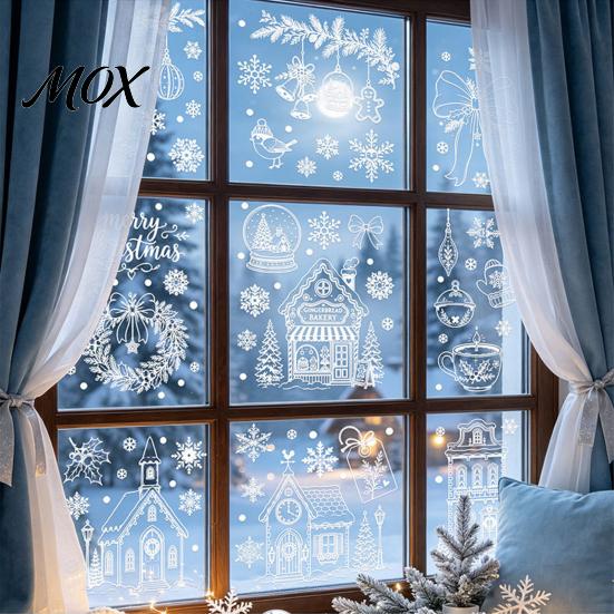 Christmas Party Window Ornaments 9Pcs Clings, Static Glass Stickers, Reusable White Line Hand-Painted Decals Clings for Holiday Home Decorations,