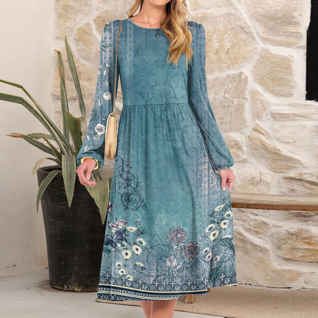 Women's Fashionable Loose Retro Printed Round-neck Dress