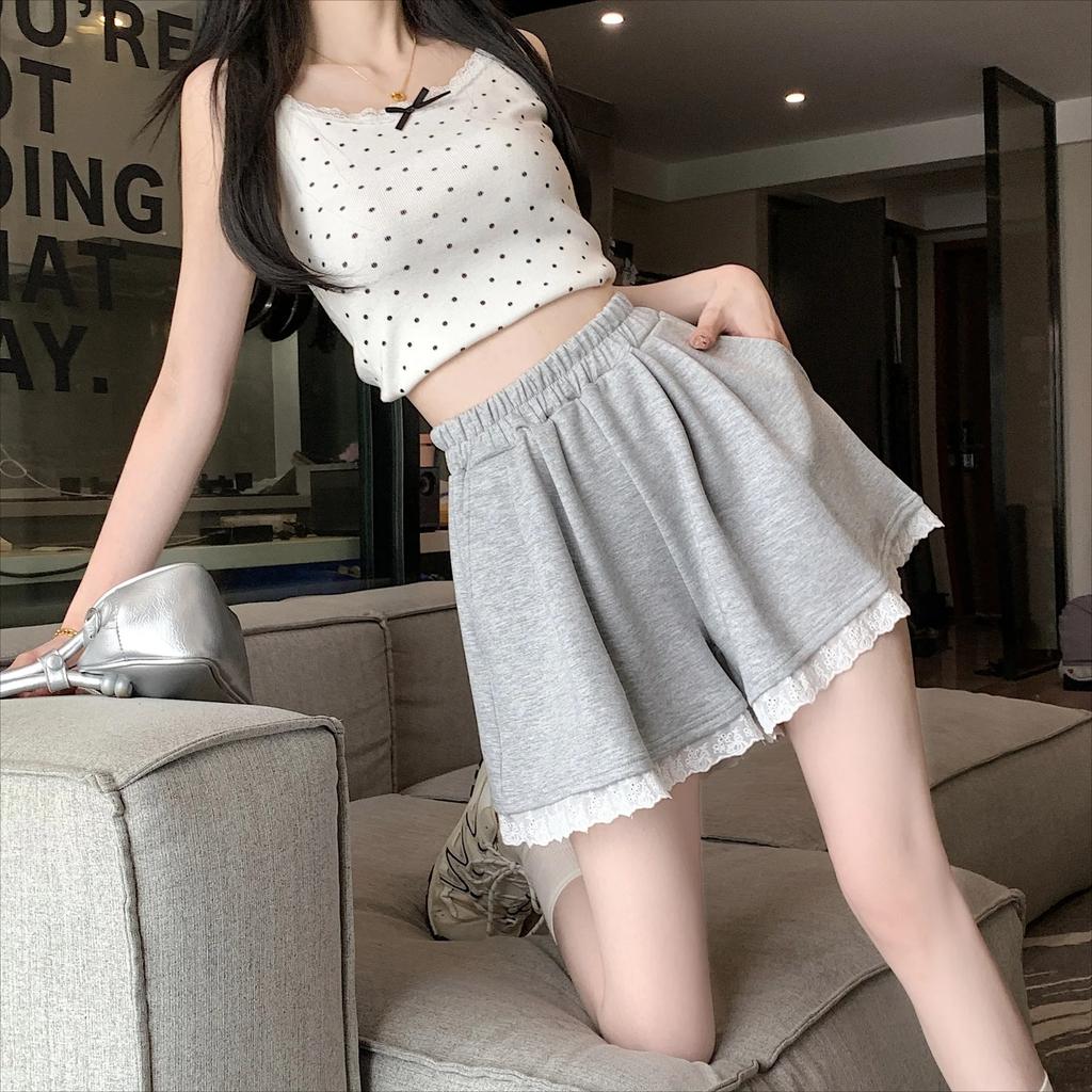 Women Lace Patchwork Shorts Elastic Summer Female Loose Wide Leg Straight Short Pants Solid Color Lady Casual High Waist Bottoms