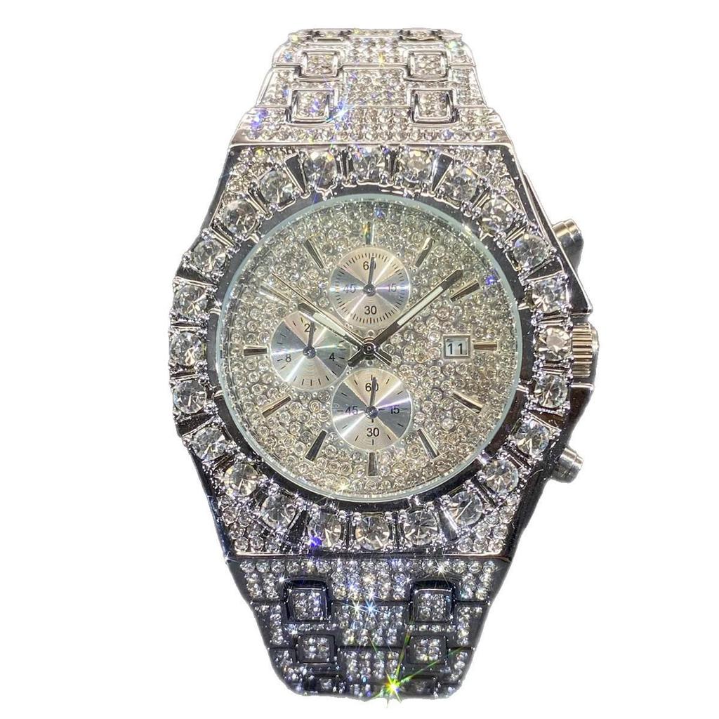 Luxus Volldiamant Goldton Chronograph Herren-Quarz-Uhr Bling Kristall Zifferblatt & Armband mit Datumsanzeige Hip Hop Streetwear Stil